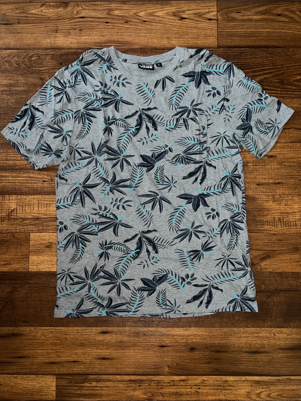 Vans Gray Tee with Navy and Aqua Leaf Print POCKET T